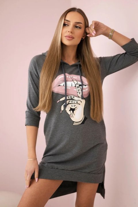 Sukienka z dłuższym tyłem i kolorowym nadrukiem grafitowa