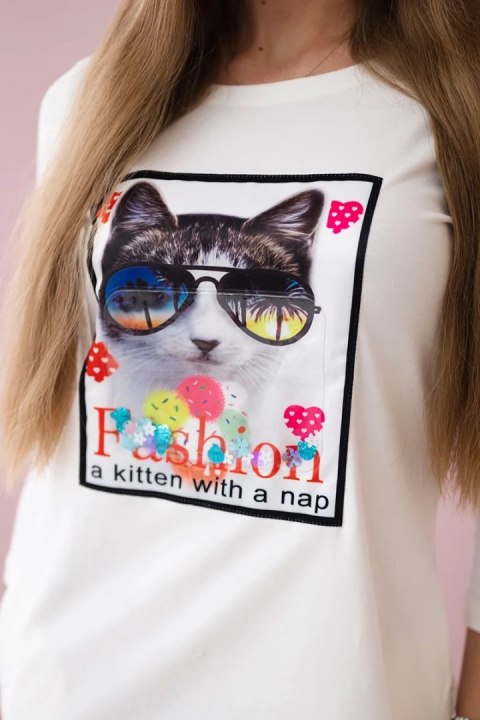 Sukienka z grafiką kota 3D ecru