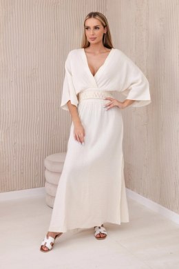 Sukienka muślinowa z haftem w talii jasno beżowa