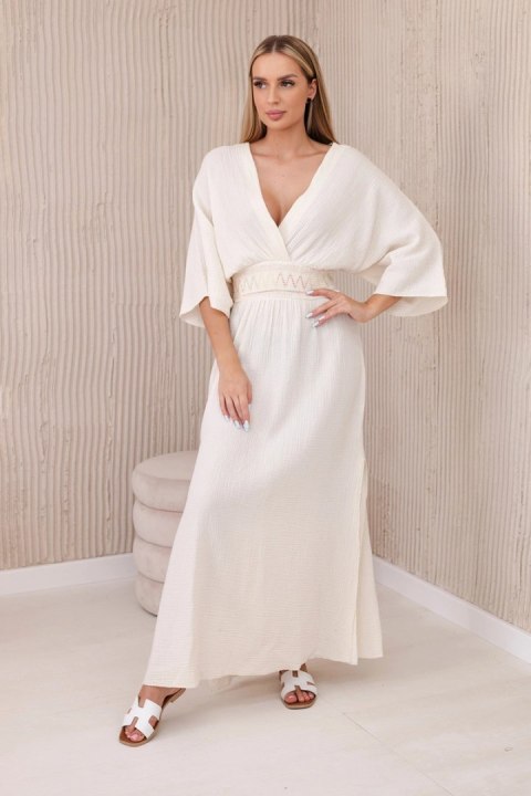 Sukienka muślinowa z haftem w talii jasno beżowa