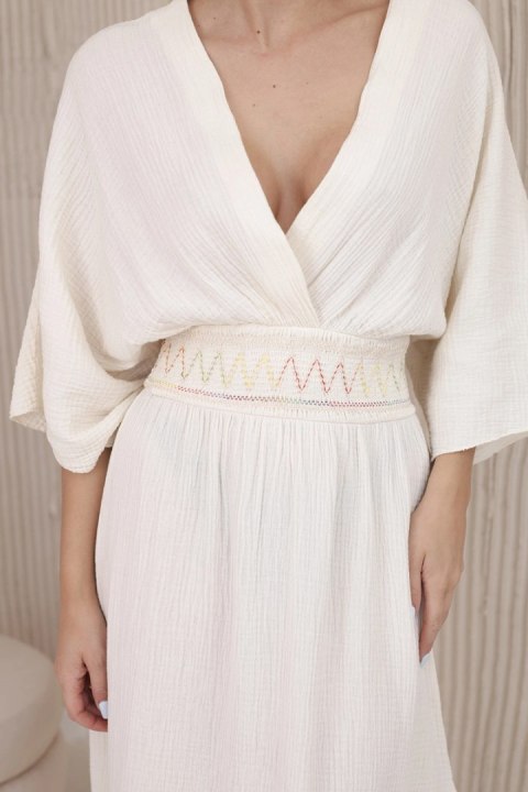 Sukienka muślinowa z haftem w talii jasno beżowa