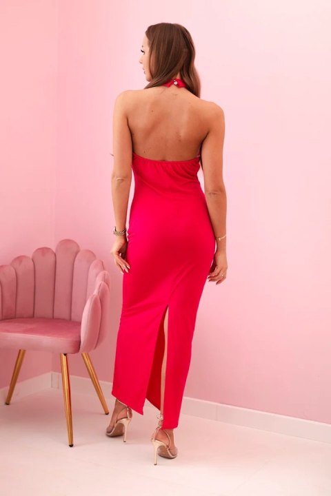 Sukienka damska maxi z odkrytymi plecami i marszczeniem fuksja