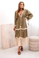 Sukienka damska boho z koronką khaki