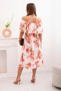 Sukienka damska z falbaną i odkrytymi ramionami w kwiaty czerwona