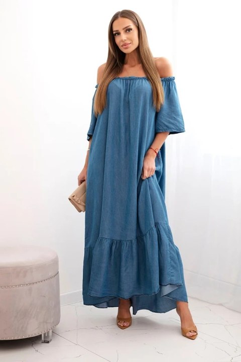 Sukienka damska z krótkim rękawem i falbaną ciemno jeansowa