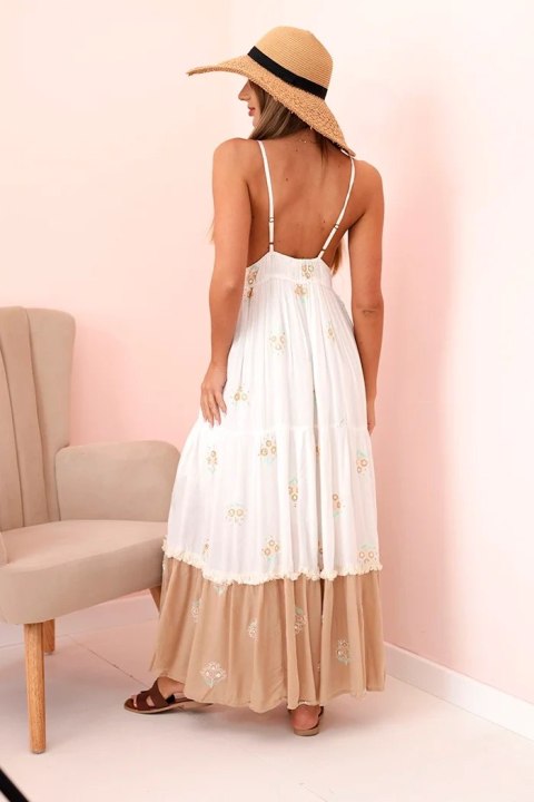 Sukienka damska z wiskozy z haftem i rozkloszowanym dołem ecru