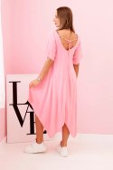 Sukienka damska z wiskozy z krótkim rękawem i rozkloszowanym dołem jasno różowa