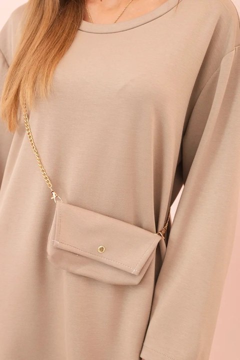 Sukienka damska wiskozowa Plus Size z torebką na łańcuszku ciemno beżowa