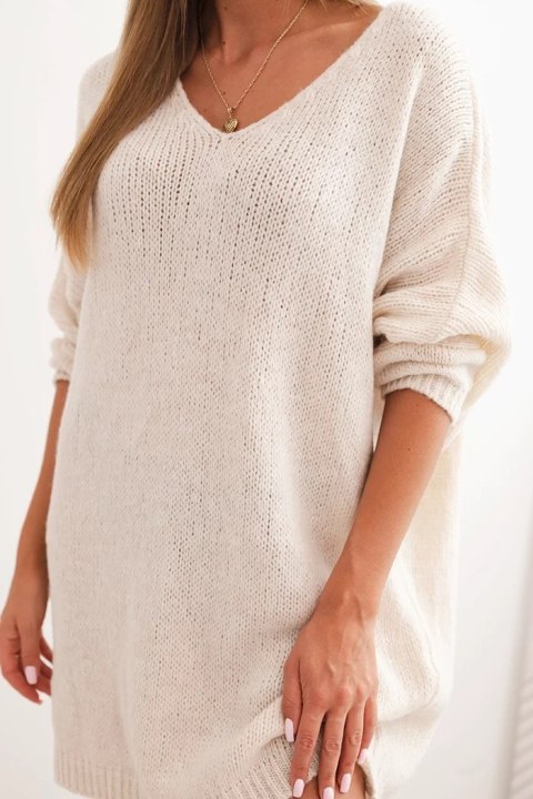 Sukienka damska Plus Size wełniana z dekoltem V jasno beżowa