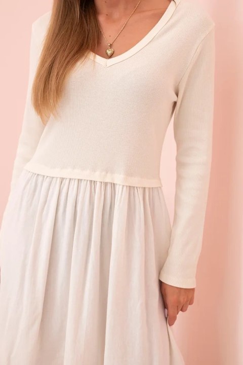 Sukienka damska z bawełną z długim rękawem i dekoltem V jasno beżowa