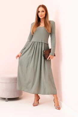 Sukienka damska z bawełną z długim rękawem i dekoltem V khaki