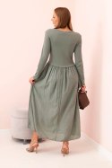 Sukienka damska z bawełną z długim rękawem i dekoltem V khaki