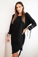Sukienka damska asymetryczna z ozdobnymi taśmami i rękawem 3/4 Czarny