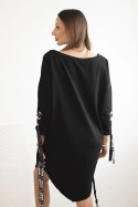 Sukienka damska asymetryczna z ozdobnymi taśmami i rękawem 3/4 Czarny
