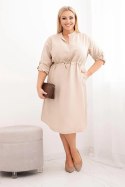 Sukienka damska z wiskozy Plus Size z guzikami i wiązaniem w talii beżowa