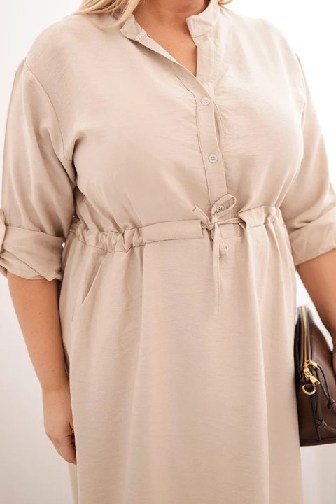Sukienka damska z wiskozy Plus Size z guzikami i wiązaniem w talii beżowa
