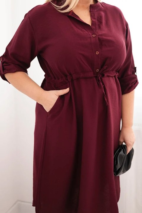 Sukienka damska z wiskozy Plus Size z guzikami i wiązaniem w talii bordowa
