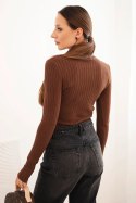 Bluzka damska prążkowana z golfem brązowa
