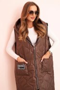 Kamizelka damska pikowana Plus Size z kapturem zapinana na zamek brązowa