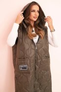 Kamizelka damska pikowana Plus Size z kapturem zapinana na zamek khaki