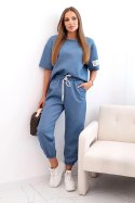 Komplet damski z wiskozy masełko z krótkim rękawem i spodniami jeansowy melanż