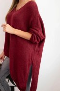 Sweter damski wełniany asymetryczny Plus Size z dekoltem V bordowy