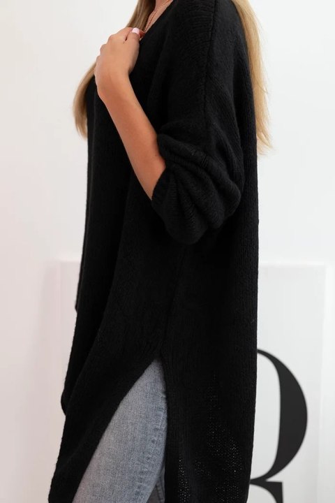 Sweter damski wełniany asymetryczny Plus Size z dekoltem V czarny