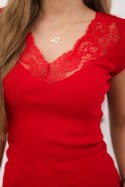 Bluzka z koronkowym dekoltem czerwona