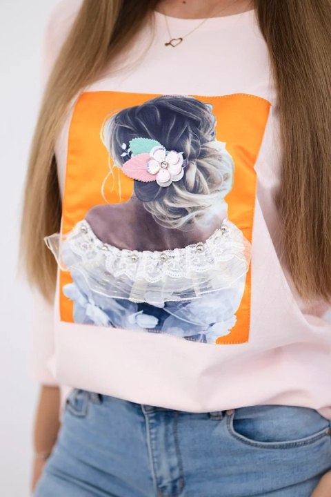 Bluzka z grafiką 3D, koronka pudrowy róż