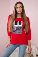 Bluzka z grafiką 3D z cyrkoniami czerwona