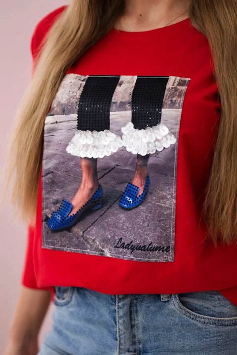 Bluzka z grafiką 3D z cyrkoniami czerwona