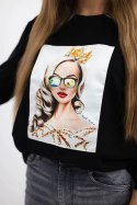 Bluzka z grafiką dziewczyny w okularach 3D czarna
