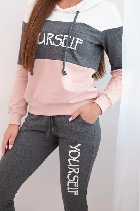 Komplet z nadrukiem Yourself ecru+grafitowy