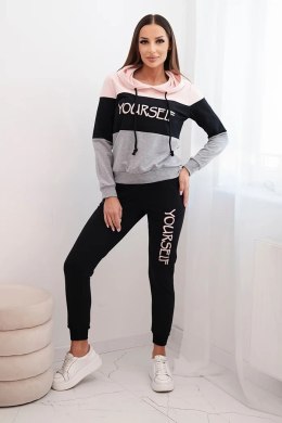 Komplet z nadrukiem Yourself pudrowy róż+czarny