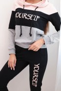 Komplet z nadrukiem Yourself pudrowy róż+czarny