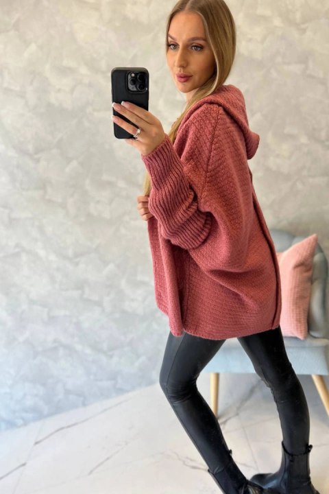 Sweter z kapturem i rękawami typu nietoperz ciemny różowy