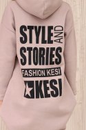 Bluza ocieplana z długim tyłem i kapturem ciemny beżowy