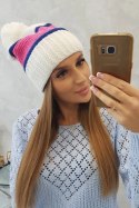 Czapka damska Kinga K297 biały+chabrowy+jasny różowy