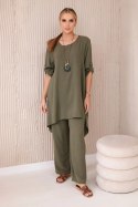 Komplet bluzka + spodnie z wisiorkiem jasny khaki
