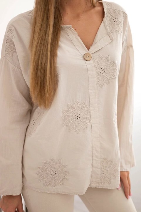Bluzka koszulowa z haftowanym wzorem beżowa