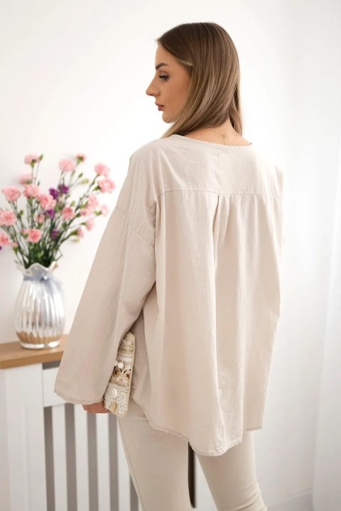 Bluzka koszulowa z haftowanym wzorem beżowa