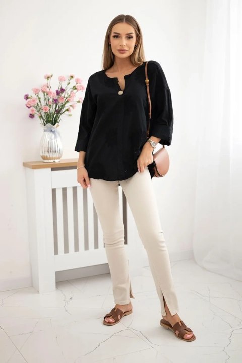 Bluzka koszulowa z haftowanym wzorem czarna