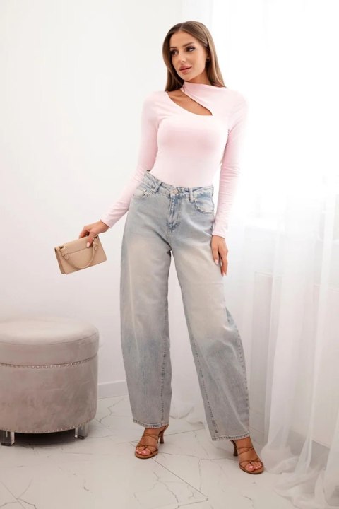 Bluzka body damska z długim rękawem i asymetrycznym dekoltem pudrowy róż