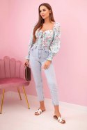 Bluzka damska hiszpanka w kwiaty, długi rękaw miętowa