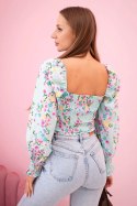 Bluzka damska hiszpanka w kwiaty, długi rękaw miętowa
