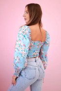 Bluzka damska hiszpanka w kwiaty, długi rękaw niebieska