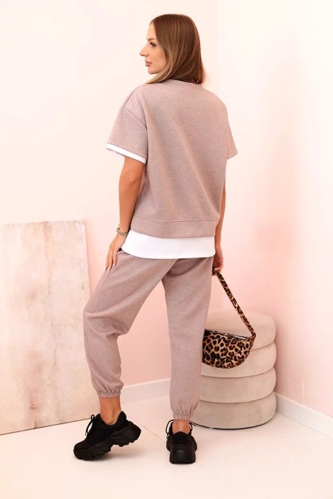 Komplet damski masełko z krótkim rękawem i spodniami beżowy melanż