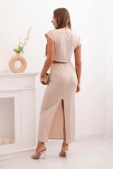 Komplet damski z bluzką z ozdobną klamrą i dopasowaną spódnicą beżowy