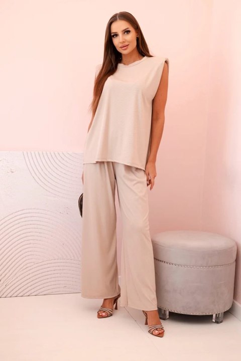 Komplet damski z wiskozy bez rękawów i prostymi spodniami ciemny beżowy