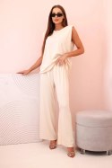 Komplet damski z wiskozy bez rękawów i prostymi spodniami jasny beżowy